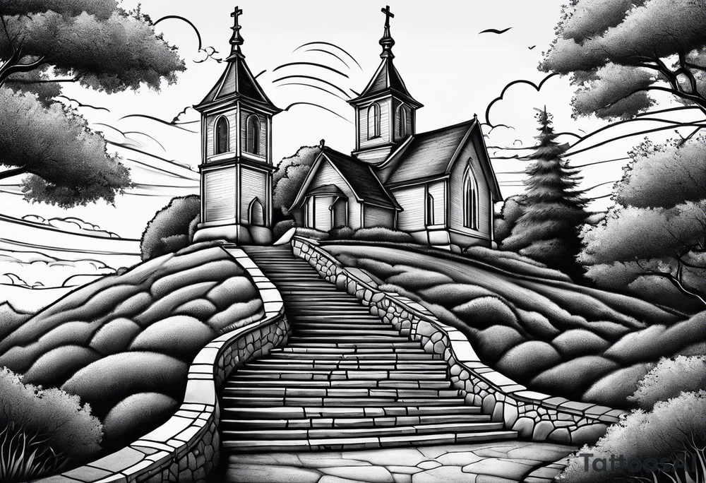 couple with 2 sons walking up on stairs on the hill and on the top of the hill is church and next to it is family tree tattoo idea