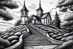 couple with 2 sons walking up on stairs on the hill and on the top of the hill is church and next to it is family tree tattoo idea