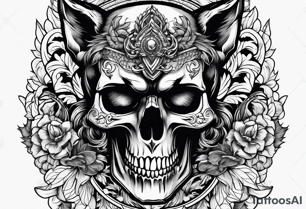 skull with wolf head on top tattoo idea