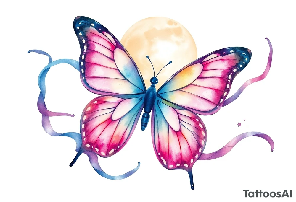 ethereal butterfly with flowing silk ribbons in moonlight tattoo idea
