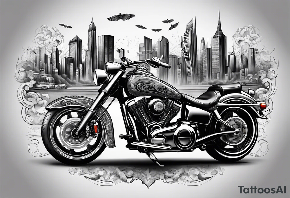 cards fanned over a city with a motorcycle on the road tattoo idea