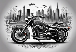 cards fanned over a city with a motorcycle on the road tattoo idea