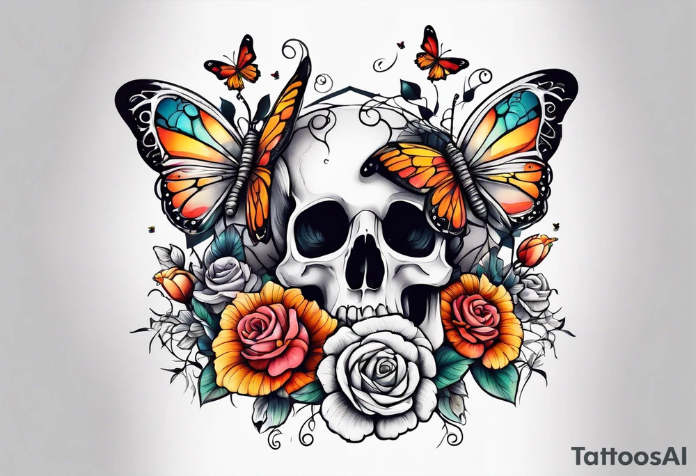 rib bones with flowers surrounding it and butterflies tattoo idea
