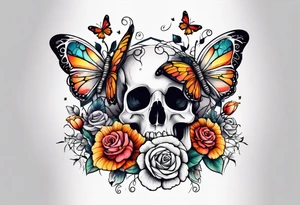 rib bones with flowers surrounding it and butterflies tattoo idea