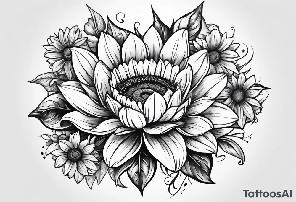 Sun Flower in the middle, Rose and Lily on top and a Gerbera daisy on the bottom tattoo idea