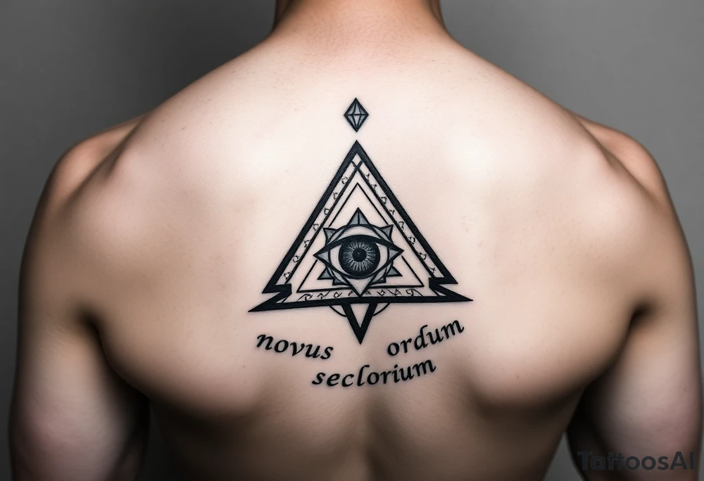 Pyramid with eye in the center, diamond on the top,surrounded by words - novus ordum seclorum tattoo idea