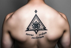 Pyramid with eye in the center, diamond on the top,surrounded by words - novus ordum seclorum tattoo idea