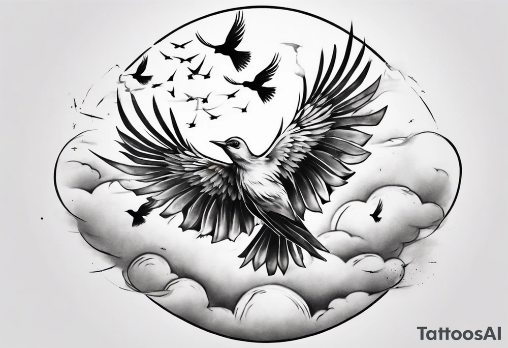 shoulder tattoo with light rays with birds flying free among the clouds, round shape, with gradient ends tattoo idea shoulder tattoo with light rays with birds flying free among the clouds, round shape, with gradient ends tattoo idea