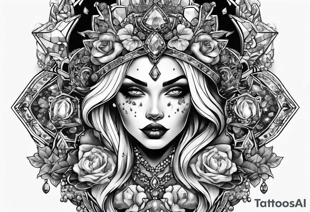 Fancy queen zombie diamonds and gemstones tattoo idea