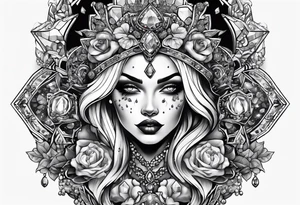 Fancy queen zombie diamonds and gemstones tattoo idea