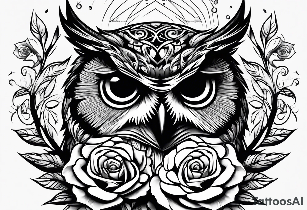 An owl, a rose, a paw print tattoo idea