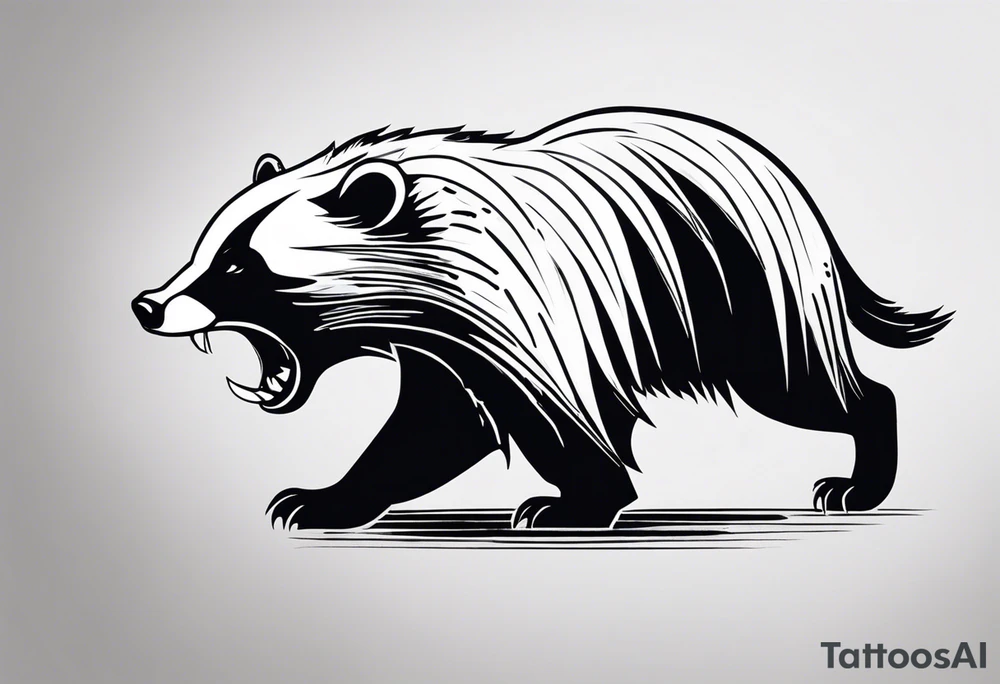 Draw me psychopath Fearless Honey Badger/Berserker with aggressive full body, killer face with a scary smile, very long nails and he attacks like a Bloody Assassin/Warrior/Gladiator to us and also, he has very deadly looking. He fights with his nails only. Everybody scares after their first sight. Give me horror type Badger Tattoo. I want to see his Realistic full body with no weapons. You can show destruction at the back. tattoo idea