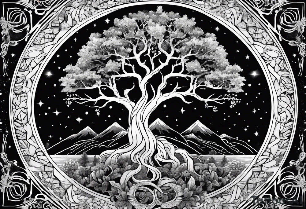 yggdrasil made of black space and stars tattoo idea