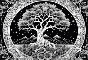 yggdrasil made of black space and stars tattoo idea