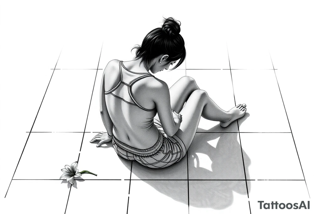 a tile floor with a realistic silhouette of the back of a thin woman sitting curled on the tile floor and the shadow of a young child sitting next to her with a lily next to them on the floor. The woman is wearing a Racerback tank top, running shorts, has dark hair pulled up high, and her head is down. tattoo idea