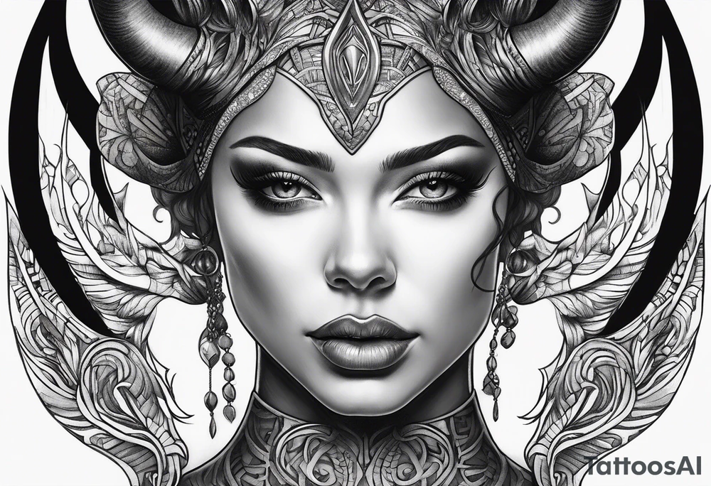 Dark realism beautiful woman looking 
face forward with curved horns facing downwards tattoo idea