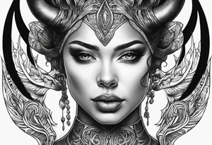 Dark realism beautiful woman looking 
face forward with curved horns facing downwards tattoo idea