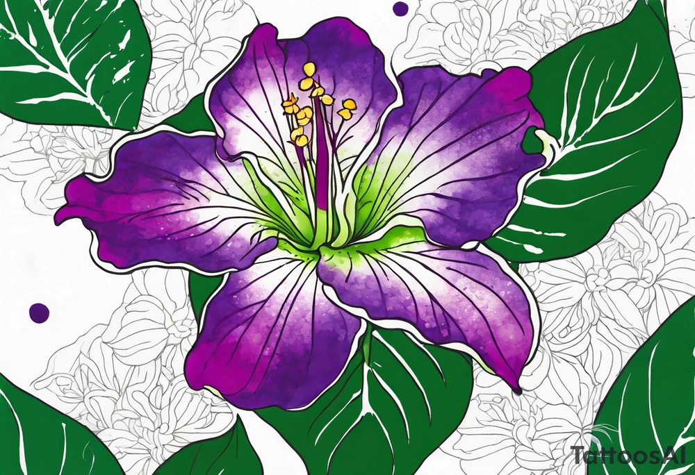 An outline of a green rio dipladenia flower and a purple watercolor splash in the background tattoo idea