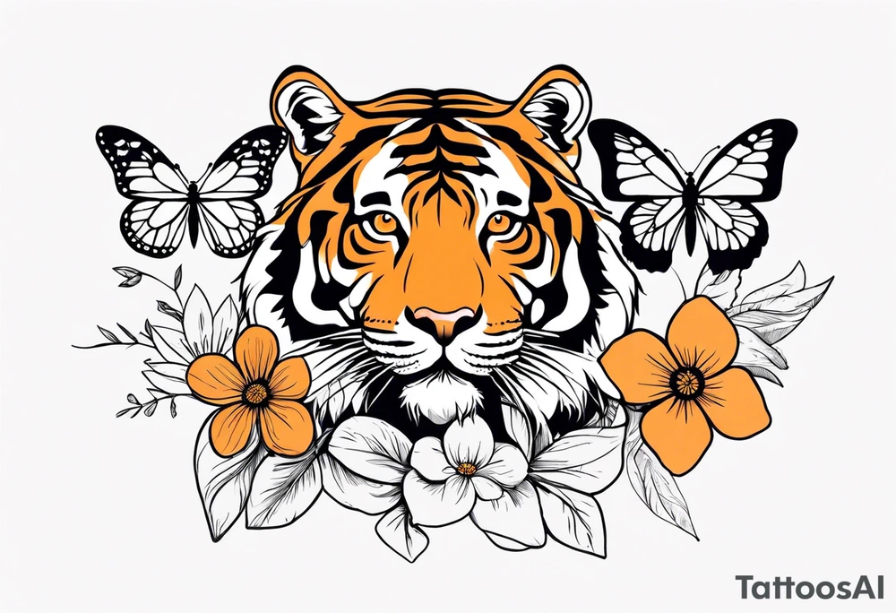 tiger, 3 butterflies, flowers for ladies thigh / hip tattoo idea