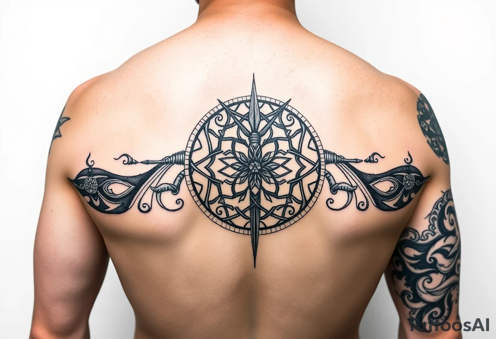 Norse sleeve tattoo which include web of wyrd, ÆGISHJÁLMR, Vegvisir, Yggdrasil, tattoo idea