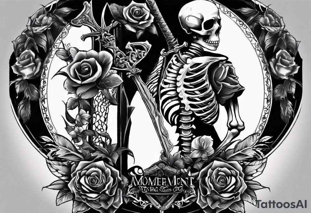 back tattoo with the word momento mori included plus two hands coming together. One skeleton the other real. would also like a sword/something similar going down my spine 

No roses or skulls tattoo idea