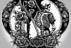 back tattoo with the word momento mori included plus two hands coming together. One skeleton the other real. would also like a sword/something similar going down my spine 

No roses or skulls tattoo idea