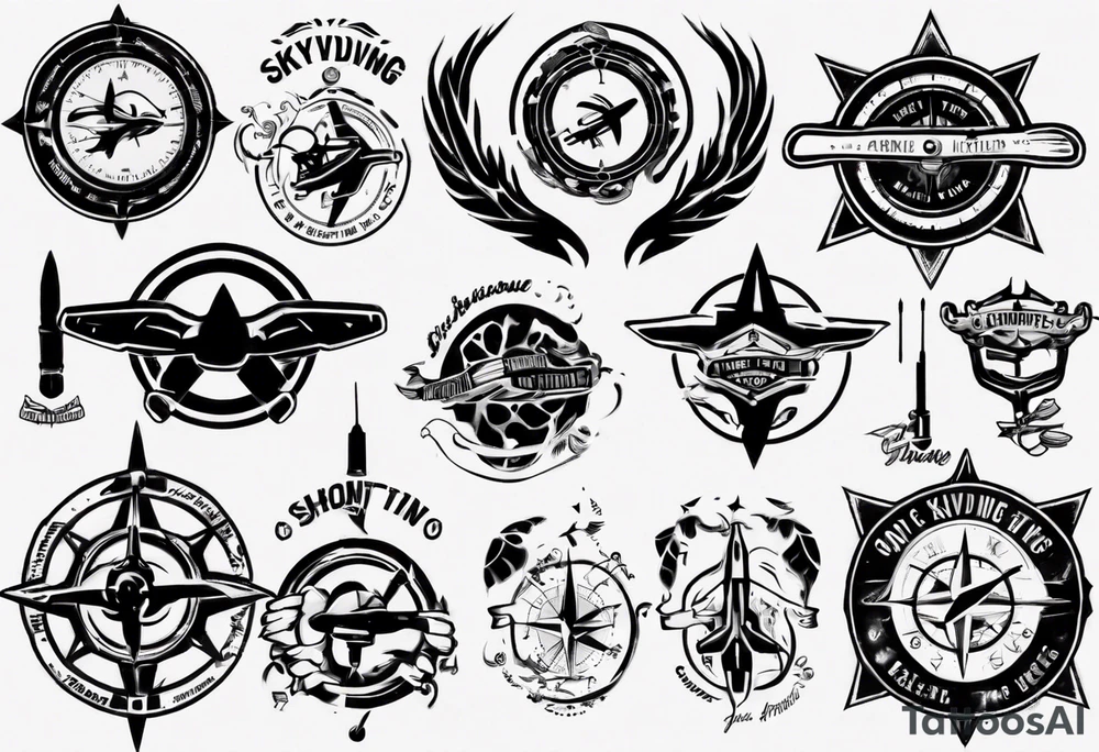 skydiving, shooting guns, compass, adventure tattoo idea