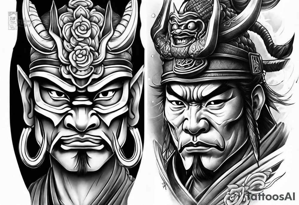 samurai and oni mask leg sleeve tattoo idea