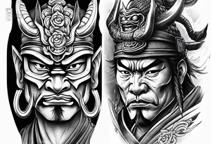 samurai and oni mask leg sleeve tattoo idea