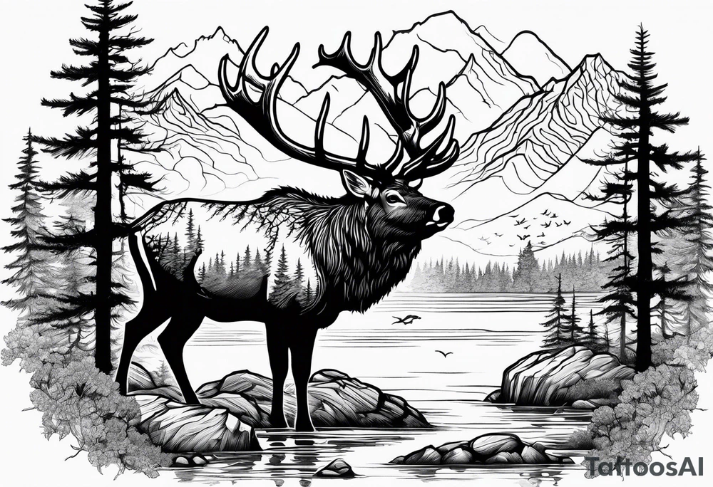 Elk water mountains rifle hunting trees birds deer bear tattoo idea