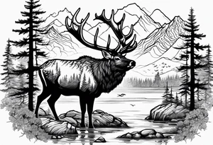 Elk water mountains rifle hunting trees birds deer bear tattoo idea