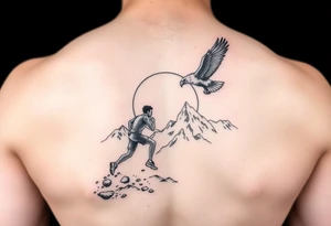 small image of a runner, tackling a mountain with a sunset background and an eagle looking over him. in black and white. tattoo idea