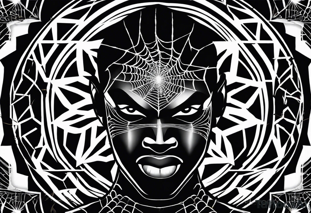 Design a powerful inner bicep tattoo for a dark-skinned black male featuring Anansi the Spider from Ghanaian mythology. Anansi is depicted weaving a web made from bright, crackling lightning bolts. The web extends outward from the center of the design, creating an intricate, flowing pattern. The lightning web should be sharp and dynamic, symbolizing energy and power, while Anansi sits calmly at the center, representing wisdom and control.

The spider should have a stylized, bold appearance, with strong, clean lines that stand out on dark skin. The lightning bolts in the web should feature bright, vivid colors like electric blue or white, contrasting well against the dark skin tone. Surrounding the web, subtle clouds or storm elements should fade into the background to create depth and dimension without overpowering the central design. Ensure that the web and lightning bolts are the primary focus, with fine detail that reflects both strength and intellect.”
Inner bicep tattoo idea