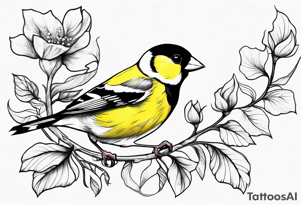 Generate a tattoo design of a goldfinch surrounded by delicate vines, emphasizing its bright colors and playful nature tattoo idea