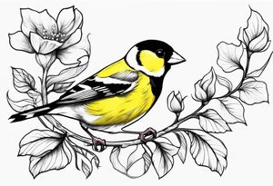 Generate a tattoo design of a goldfinch surrounded by delicate vines, emphasizing its bright colors and playful nature tattoo idea
