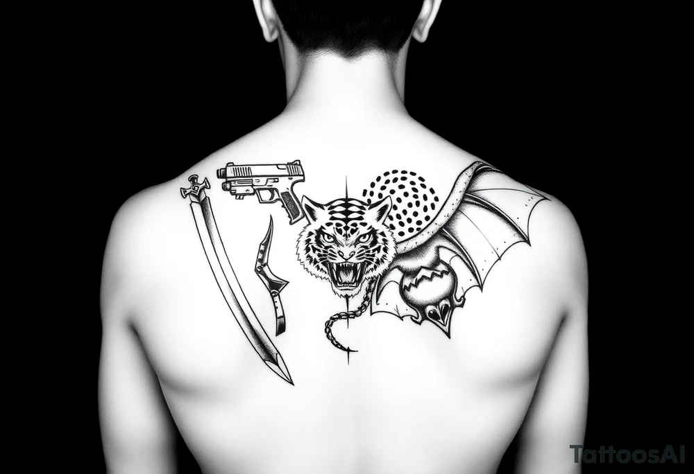 Tattoo design featuring Kuwabaras spirit Sword, Yusukes spirit gun, Toradoras palm top tiger, and the Deimon devil bat tattoo idea