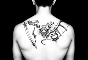 Tattoo design featuring Kuwabaras spirit Sword, Yusukes spirit gun, Toradoras palm top tiger, and the Deimon devil bat tattoo idea