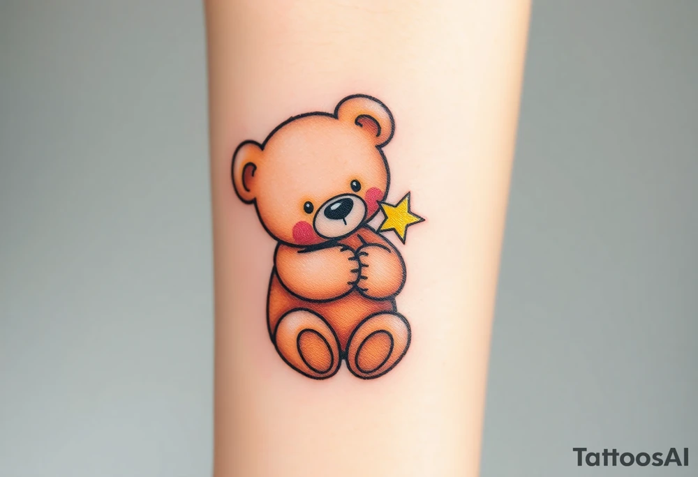 A teddy bear hugging a tiny star, in soft brown and glowing yellow, representing comfort and security. tattoo idea