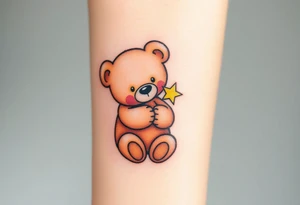 A teddy bear hugging a tiny star, in soft brown and glowing yellow, representing comfort and security. tattoo idea