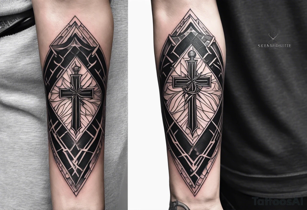 A forearm tattoo on the front of the forearm with a cross, the sacred heart of jesus and a sword tattoo idea