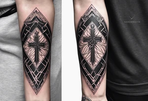 A forearm tattoo on the front of the forearm with a cross, the sacred heart of jesus and a sword tattoo idea
