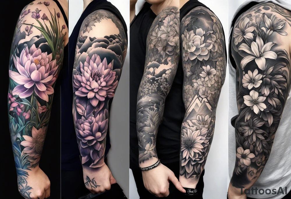 Full sleeve with larkspur and water Lilly, chrysanthemum and peony, Iris and violet, hawthorn and lily of the valley. Add a juniper tree and palm tree tattoo idea