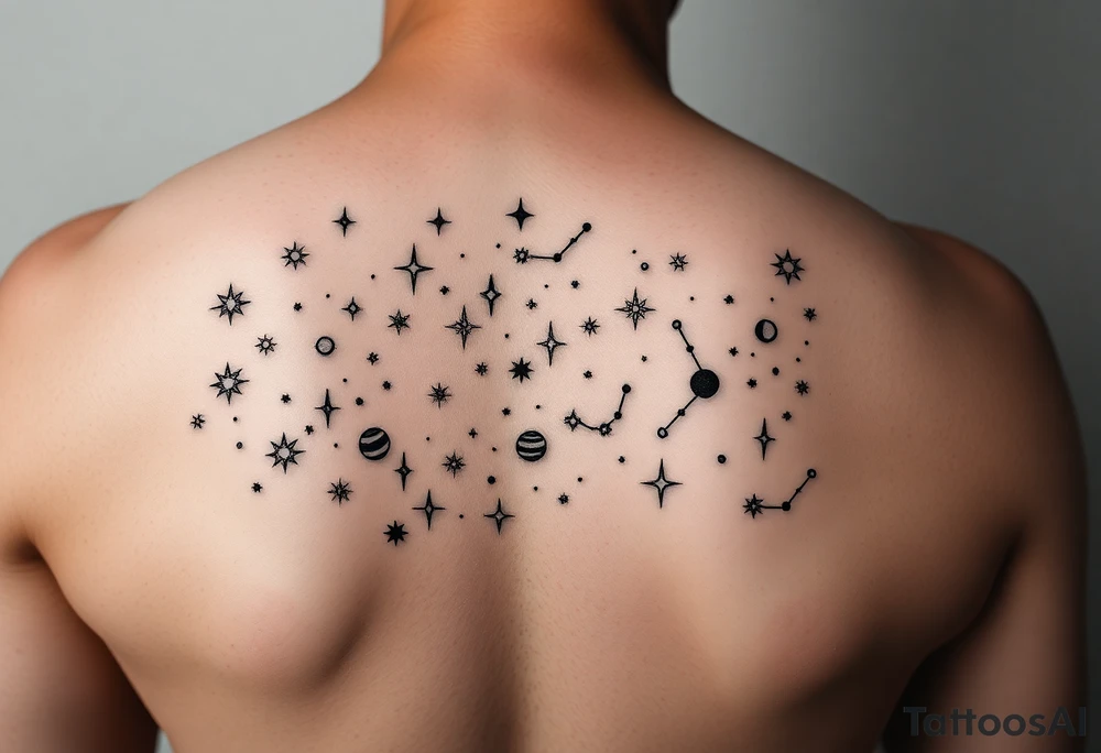Give me a nighttime constellation tattoo with 10 different variances of stars of 40 stars, and additional cosmo items e.g. planets, etc. tattoo idea