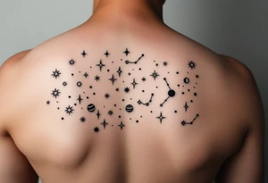 Give me a nighttime constellation tattoo with 10 different variances of stars of 40 stars, and additional cosmo items e.g. planets, etc. tattoo idea