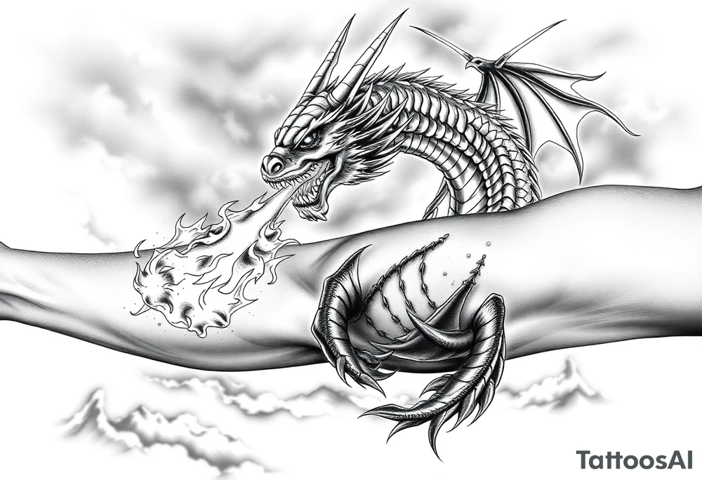 fierce dragon breathing iridescent fire against stormy skies tattoo idea