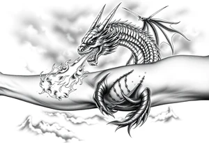 fierce dragon breathing iridescent fire against stormy skies tattoo idea