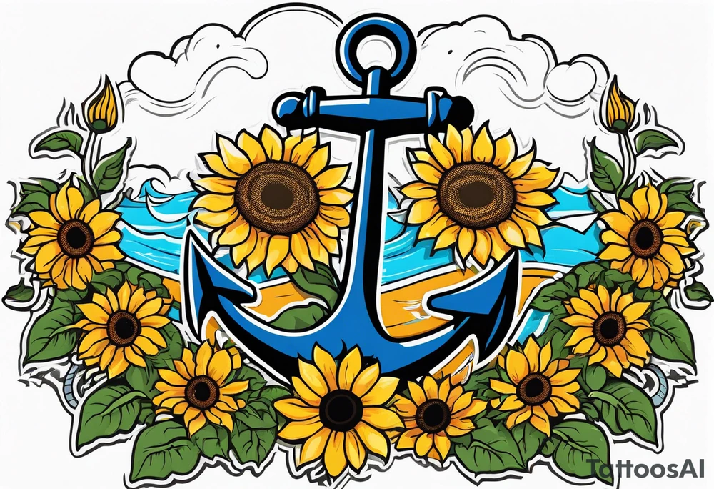 Anchor, wrapped in rope, with sunflowers throughout, thigh tattoo tattoo idea