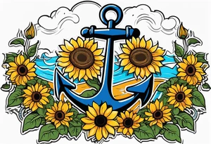 Anchor, wrapped in rope, with sunflowers throughout, thigh tattoo tattoo idea