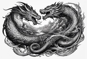 Menacing leviathan serpent fighting behemoth tattoo idea
