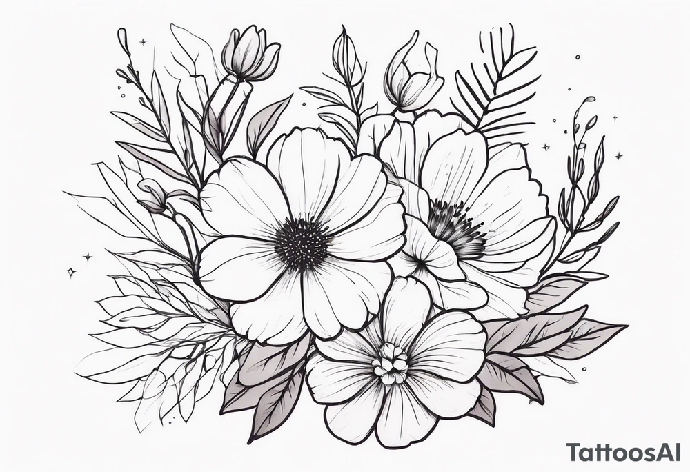 fine line floral bouquet tattoo idea